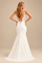 Rutipo Ivory Sheath/Column V-Neck Sleeveless Court Train Lace Wedding Dresses