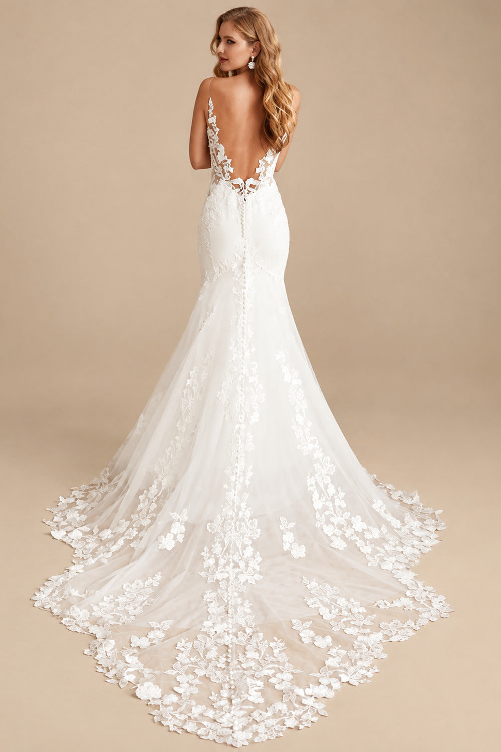 Rutipo Ivory Sheath/Column V-Neck Sleeveless Court Train Lace Wedding Dresses