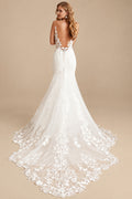 Rutipo Ivory Sheath/Column V-Neck Sleeveless Court Train Lace Wedding Dresses