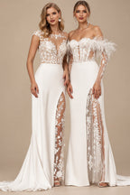 Rutipo Ivory Trumpet/Mermaid Illusion Neck Short Sleeves Court Train Lace/Elastic Satin Wedding Dresses With High Split