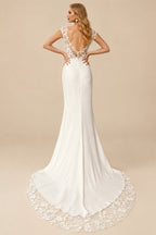 Rutipo Ivory Trumpet/Mermaid Illusion Neck Short Sleeves Court Train Lace/Elastic Satin Wedding Dresses With High Split