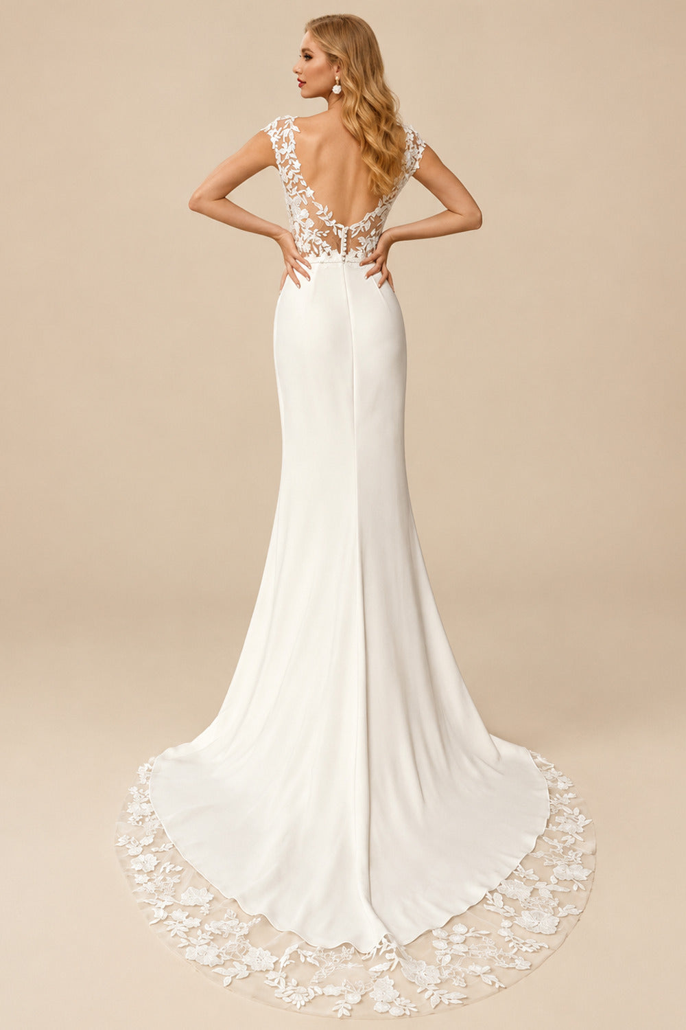 Rutipo Ivory Trumpet/Mermaid Illusion Neck Short Sleeves Court Train Lace/Elastic Satin Wedding Dresses With High Split