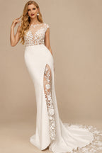 Rutipo Ivory Trumpet/Mermaid Illusion Neck Short Sleeves Court Train Lace/Elastic Satin Wedding Dresses With High Split