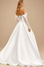 Rutipo Ivory Ball-Gown Off-The-Shoulder Long Sleeves Satin/Sequined Wedding Dresses