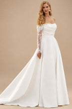 Rutipo Ivory Ball-Gown Off-The-Shoulder Long Sleeves Satin/Sequined Wedding Dresses