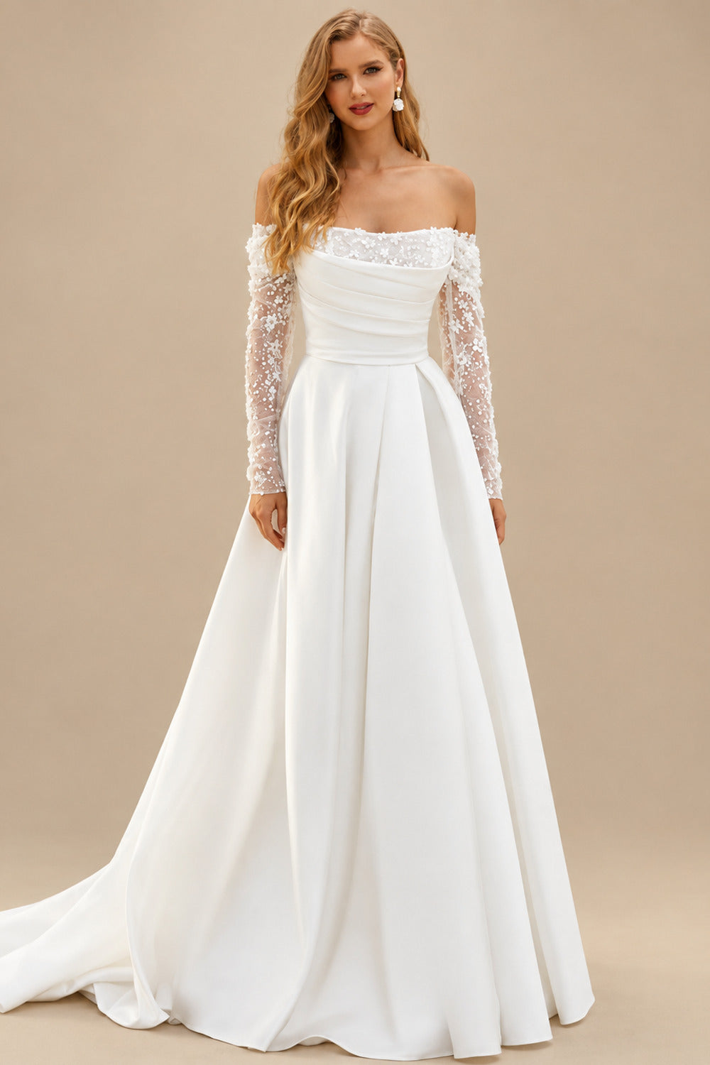 Rutipo Ivory Ball-Gown Off-The-Shoulder Long Sleeves Satin/Sequined Wedding Dresses