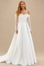 Rutipo Ivory Ball-Gown Off-The-Shoulder Long Sleeves Satin/Sequined Wedding Dresses