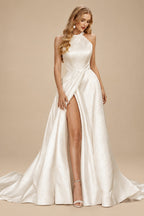 Rutipo Ivory A-Line Halter Sleeveless Sweep Train Satin Wedding Dresses With Bow(s)