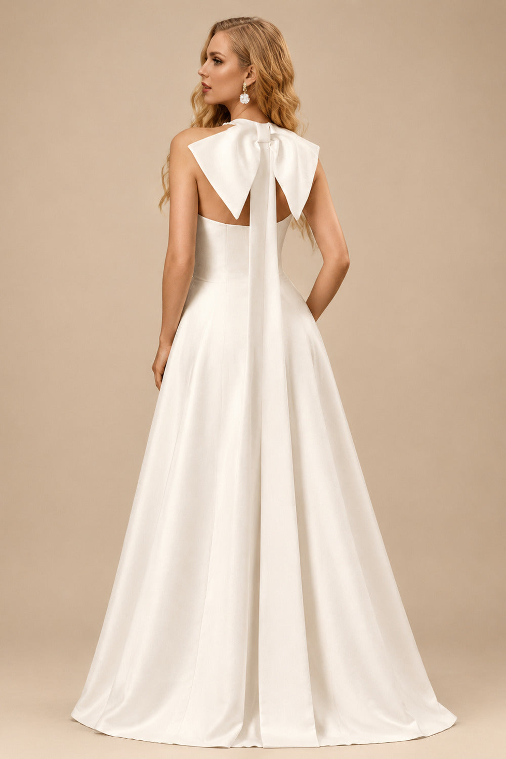 Rutipo Ivory A-Line Halter Sleeveless Sweep Train Satin Wedding Dresses With Bow(s)