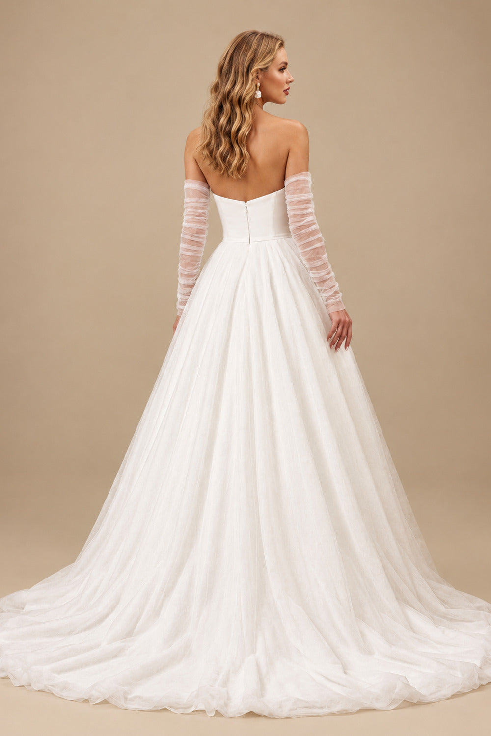 Rutipo Ivory Ball-Gown Strapless Long Sleeves Sweep Train Satin/Tulle Wedding Dresses