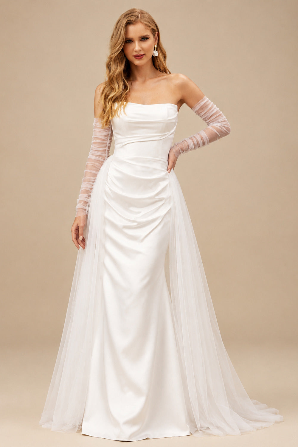 Rutipo Ivory Ball-Gown Strapless Long Sleeves Sweep Train Satin/Tulle Wedding Dresses