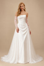 Rutipo Ivory Ball-Gown Strapless Long Sleeves Sweep Train Satin/Tulle Wedding Dresses