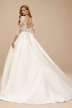 Rutipo Ivory A-Line V-Neck 3/4 Sleeves Court Train Lace/Satin Wedding Dresses