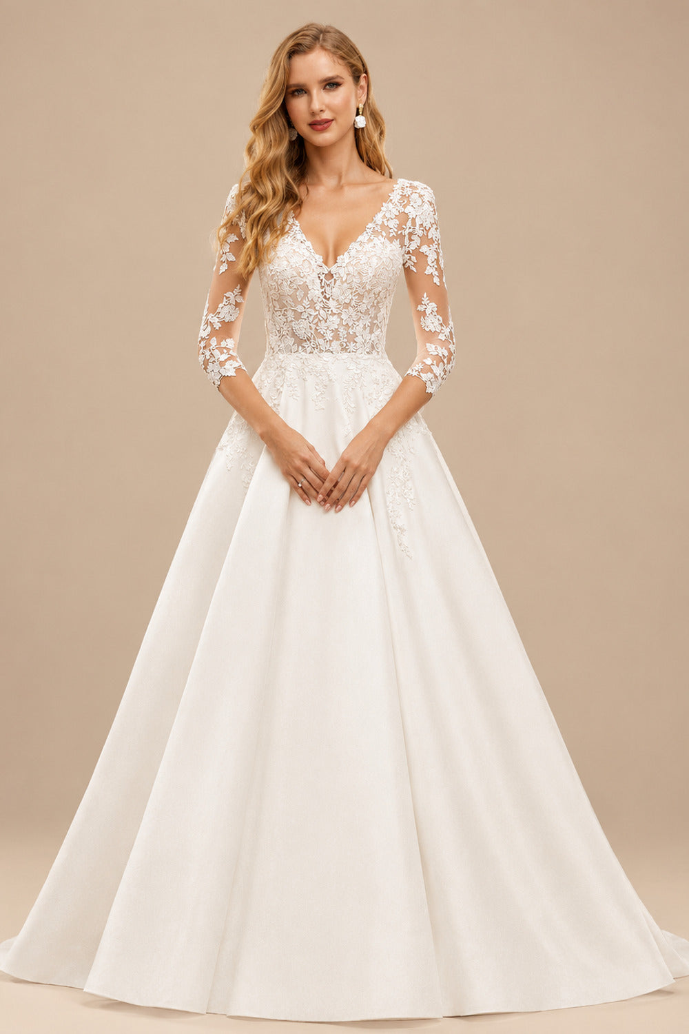 Rutipo Ivory A-Line V-Neck 3/4 Sleeves Court Train Lace/Satin Wedding Dresses