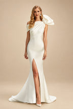 Rutipo Ivory Trumpet/Mermaid Asymmetrical Satin Wedding Dresses With Ruffle