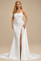 Rutipo Ivory Trumpet/Mermaid One-Shoulder Satin Wedding Dresses With High Split
