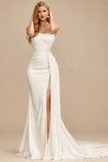 Rutipo Ivory Trumpet/Mermaid One-Shoulder Satin Wedding Dresses With High Split