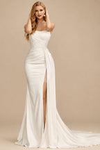 Rutipo Ivory Trumpet/Mermaid One-Shoulder Satin Wedding Dresses With High Split