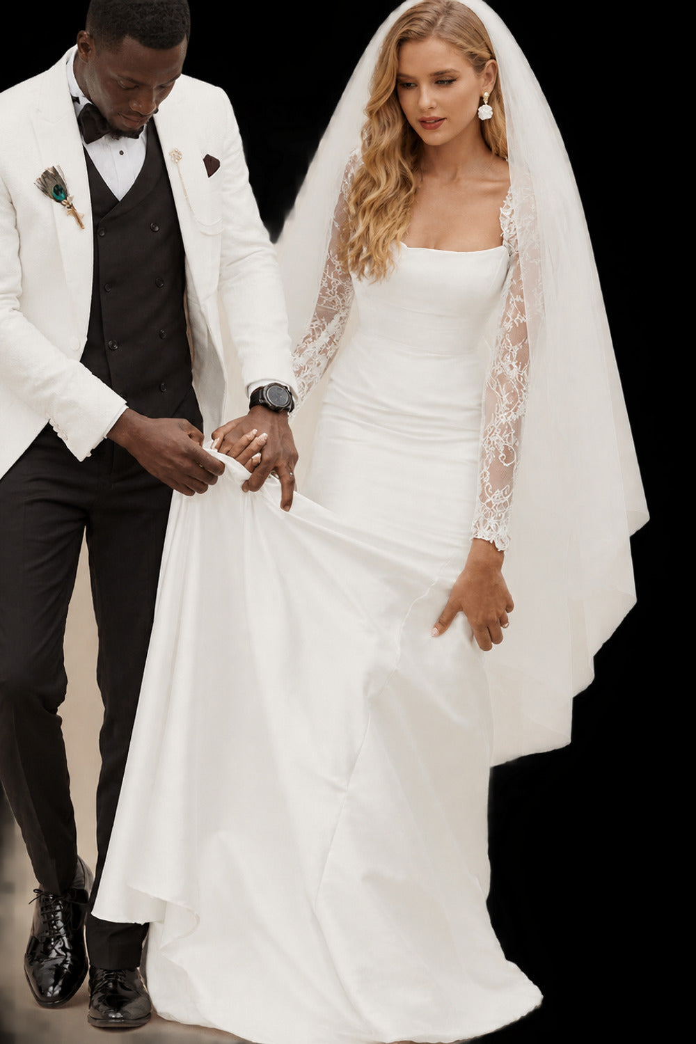 Rutipo Ivory Trumpet/Mermaid Square Neckline Satin Wedding Dresses With Lace