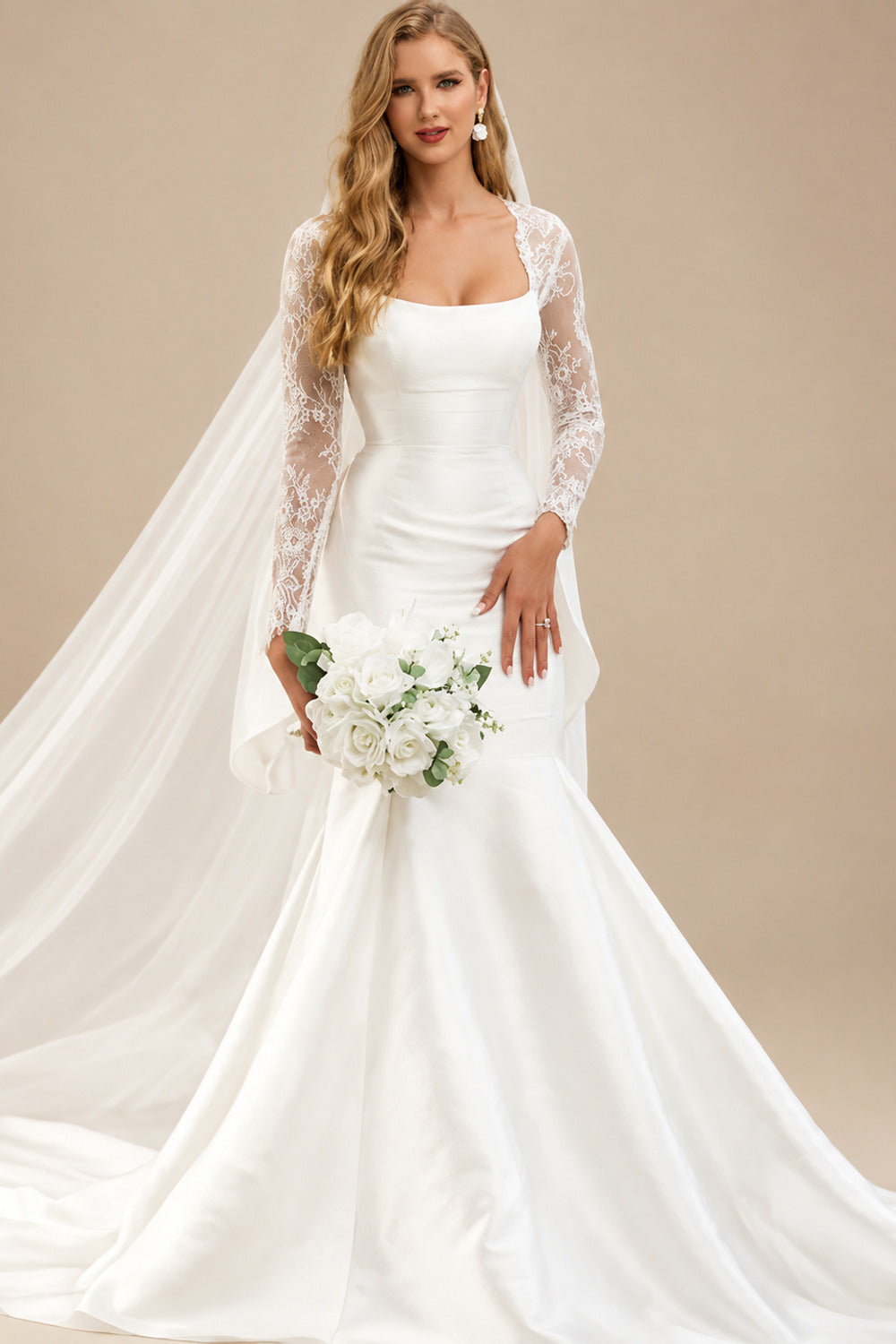 Rutipo Ivory Trumpet/Mermaid Square Neckline Satin Wedding Dresses With Lace