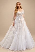Rutipo As Picture A-Line V-Neck Long Sleeves Court Train Lace/Tulle Wedding Dresses