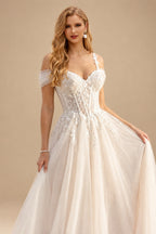 Rutipo As Picture A-Line Off-The-Shoulder Tulle Wedding Dresses With Appliques Lace
