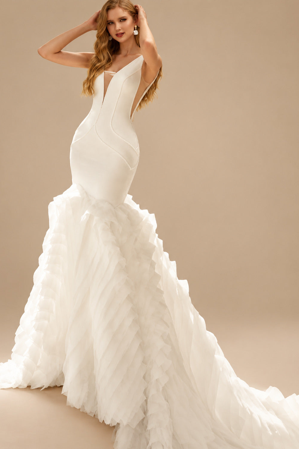 Rutipo Ivory Trumpet/Mermaid V-Neck Sleeveless Tulle/Elastic Satin Wedding Dresses