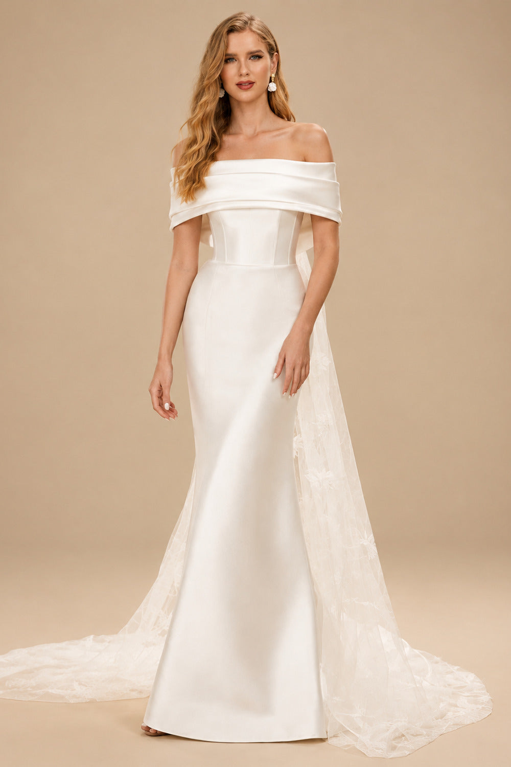 Rutipo Ivory Sheath/Column Off-The-Shoulder Sleeveless Satin/Tulle Wedding Dresses