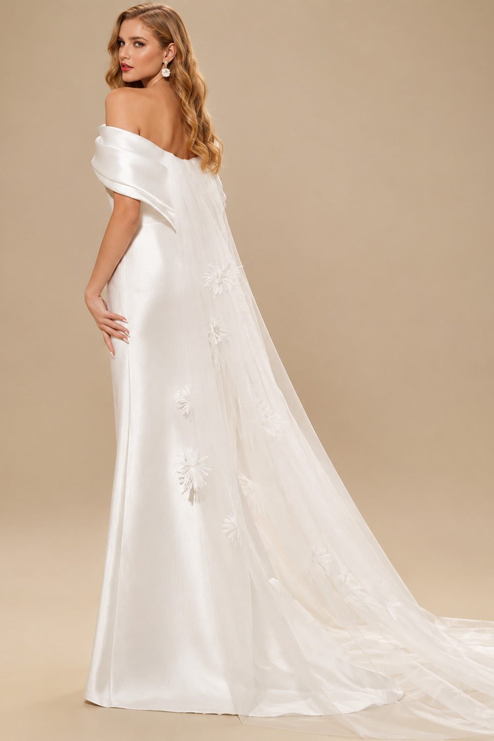 Rutipo Ivory Sheath/Column Off-The-Shoulder Sleeveless Satin/Tulle Wedding Dresses