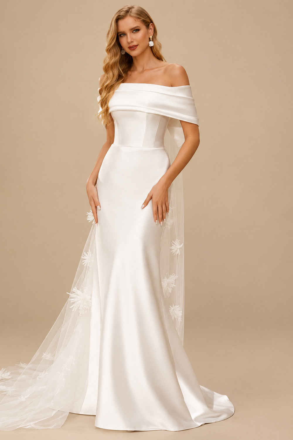 Rutipo Ivory Sheath/Column Off-The-Shoulder Sleeveless Satin/Tulle Wedding Dresses