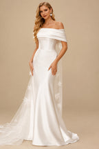 Rutipo Ivory Sheath/Column Off-The-Shoulder Sleeveless Satin/Tulle Wedding Dresses