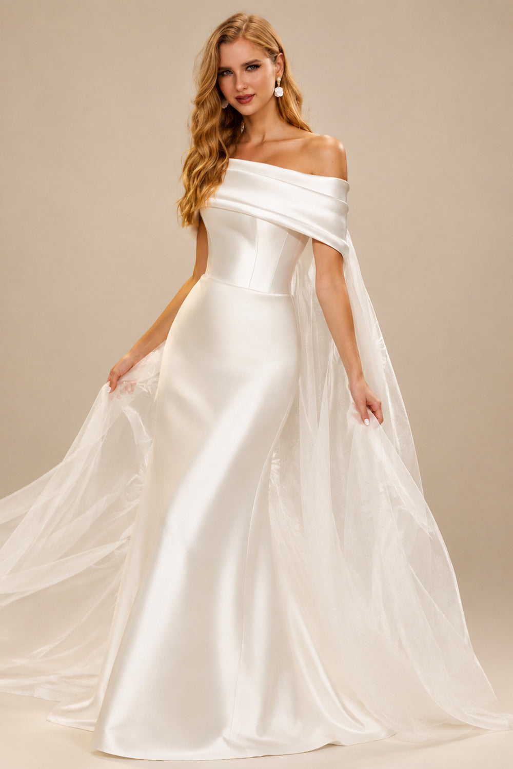 Rutipo Ivory Sheath/Column Off-The-Shoulder Sleeveless Satin/Tulle Wedding Dresses