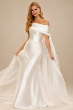 Rutipo Ivory Sheath/Column Off-The-Shoulder Sleeveless Satin/Tulle Wedding Dresses