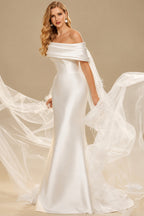 Rutipo Ivory Sheath/Column Off-The-Shoulder Sleeveless Satin/Tulle Wedding Dresses