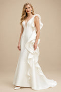 Rutipo Ivory Trumpet/Mermaid Satin Wedding Dresses With Cascading Ruffles
