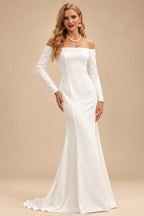 Rutipo Ivory Trumpet/Mermaid Off-The-Shoulder Sweep Train Satin Wedding Dresses