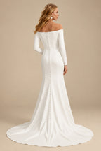 Rutipo Ivory Trumpet/Mermaid Off-The-Shoulder Sweep Train Satin Wedding Dresses