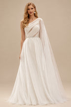 Rutipo Ivory A-Line One-Shoulder Long Sleeves Tulle Wedding Dresses With Sequins