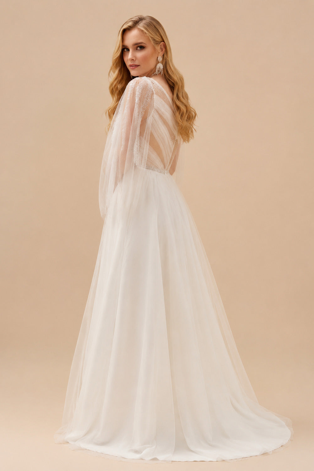 Rutipo Ivory A-Line One-Shoulder Long Sleeves Tulle Wedding Dresses With Sequins