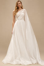 Rutipo Ivory A-Line One-Shoulder Long Sleeves Tulle Wedding Dresses With Sequins