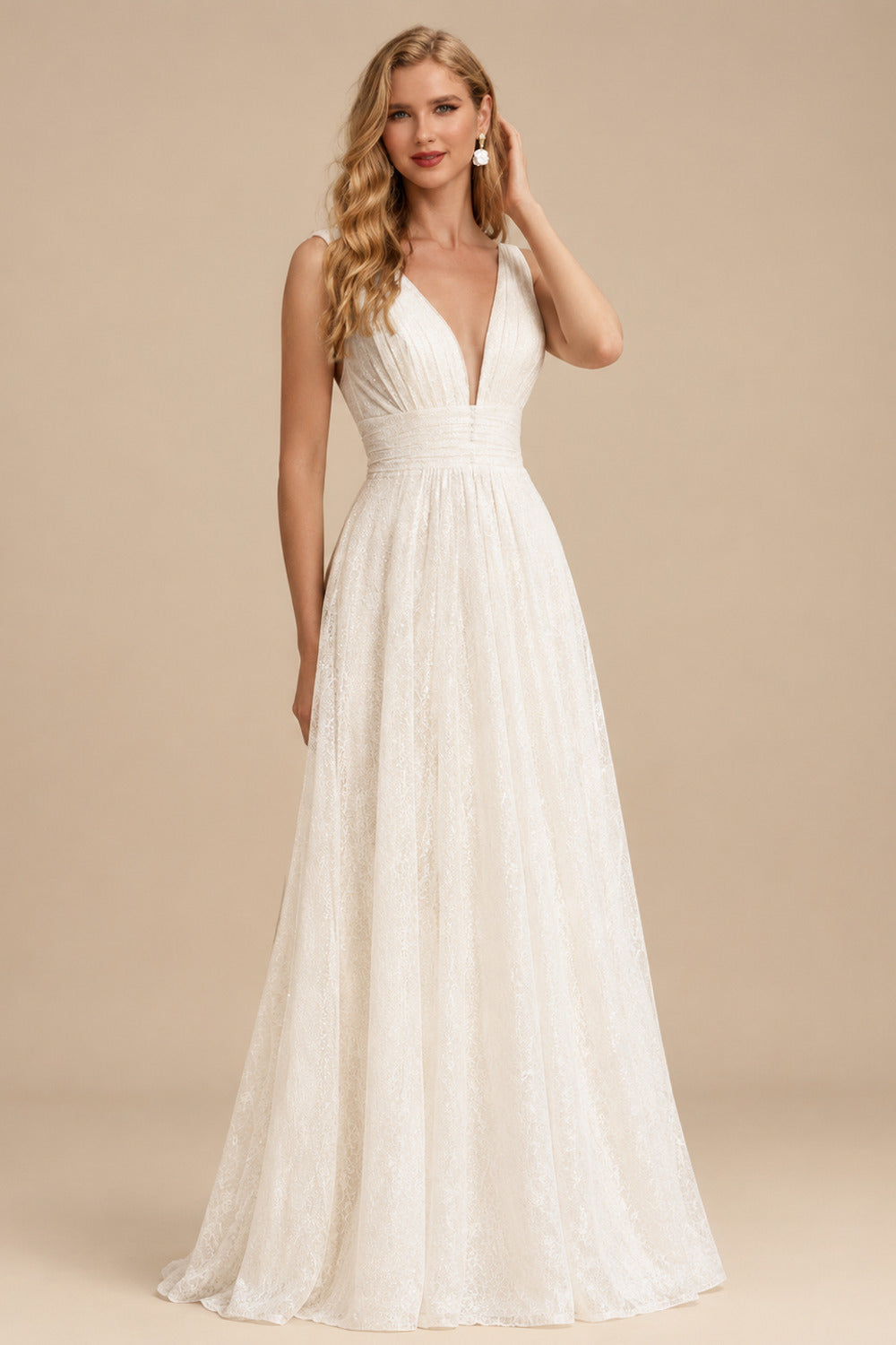 Rutipo Ivory A-Line V-Neck Sleeveless Sweep Train Tulle/Sequined Wedding Dresses