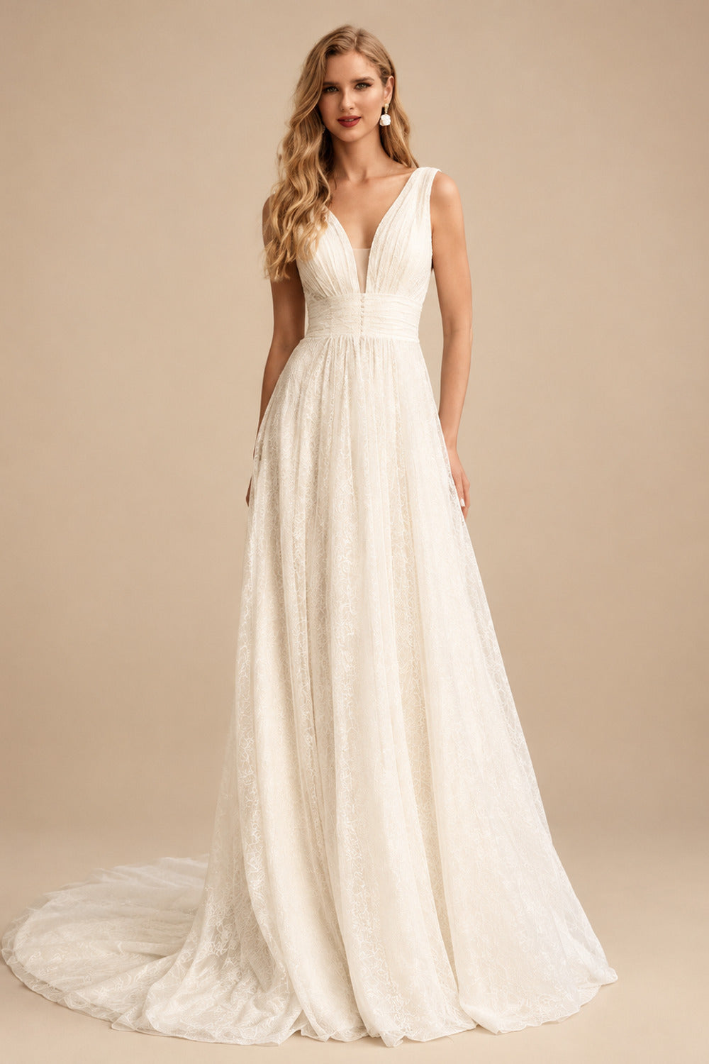 Rutipo Ivory A-Line V-Neck Sleeveless Sweep Train Tulle/Sequined Wedding Dresses