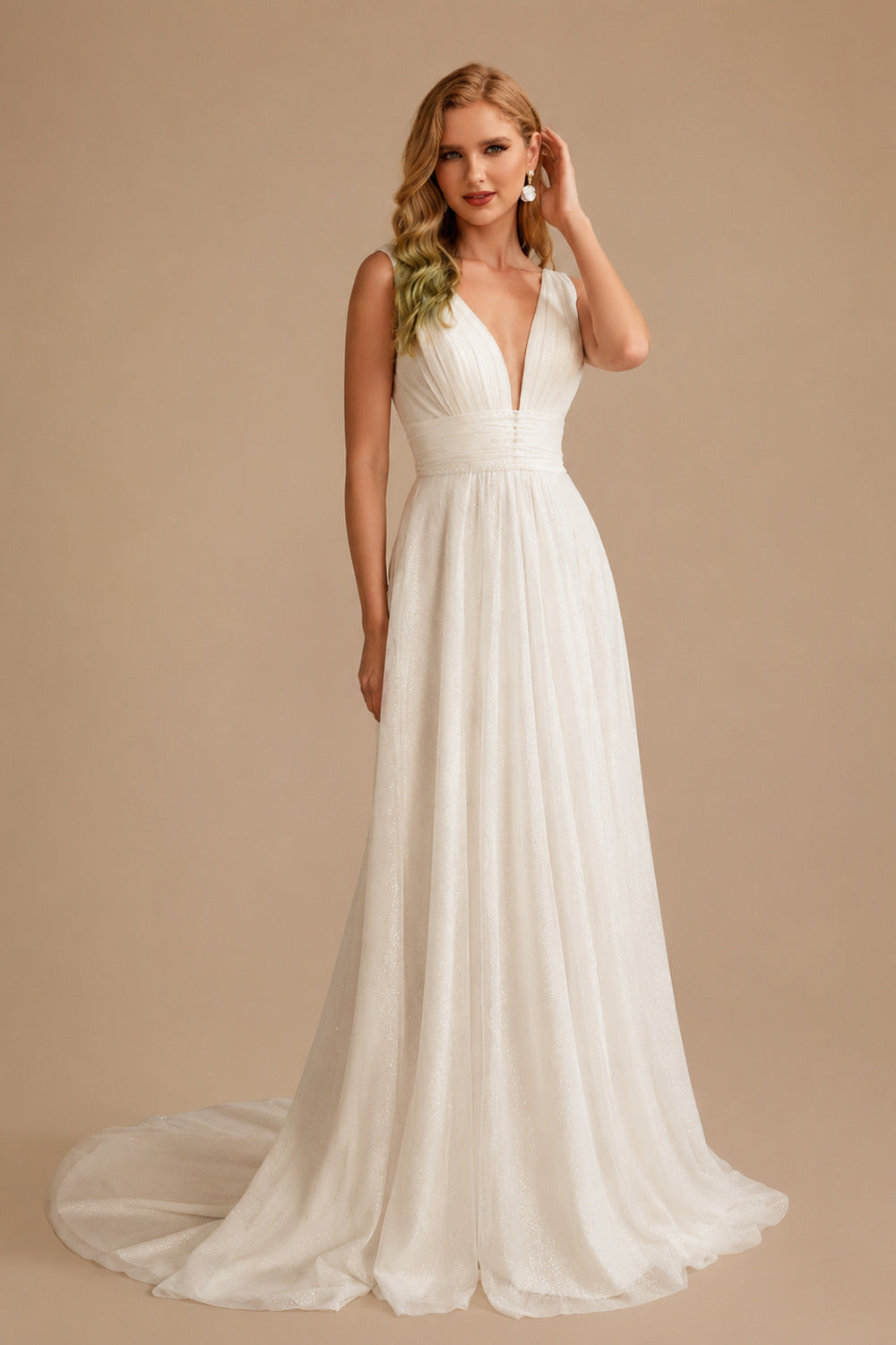 Rutipo Ivory A-Line V-Neck Sleeveless Sweep Train Tulle/Sequined Wedding Dresses