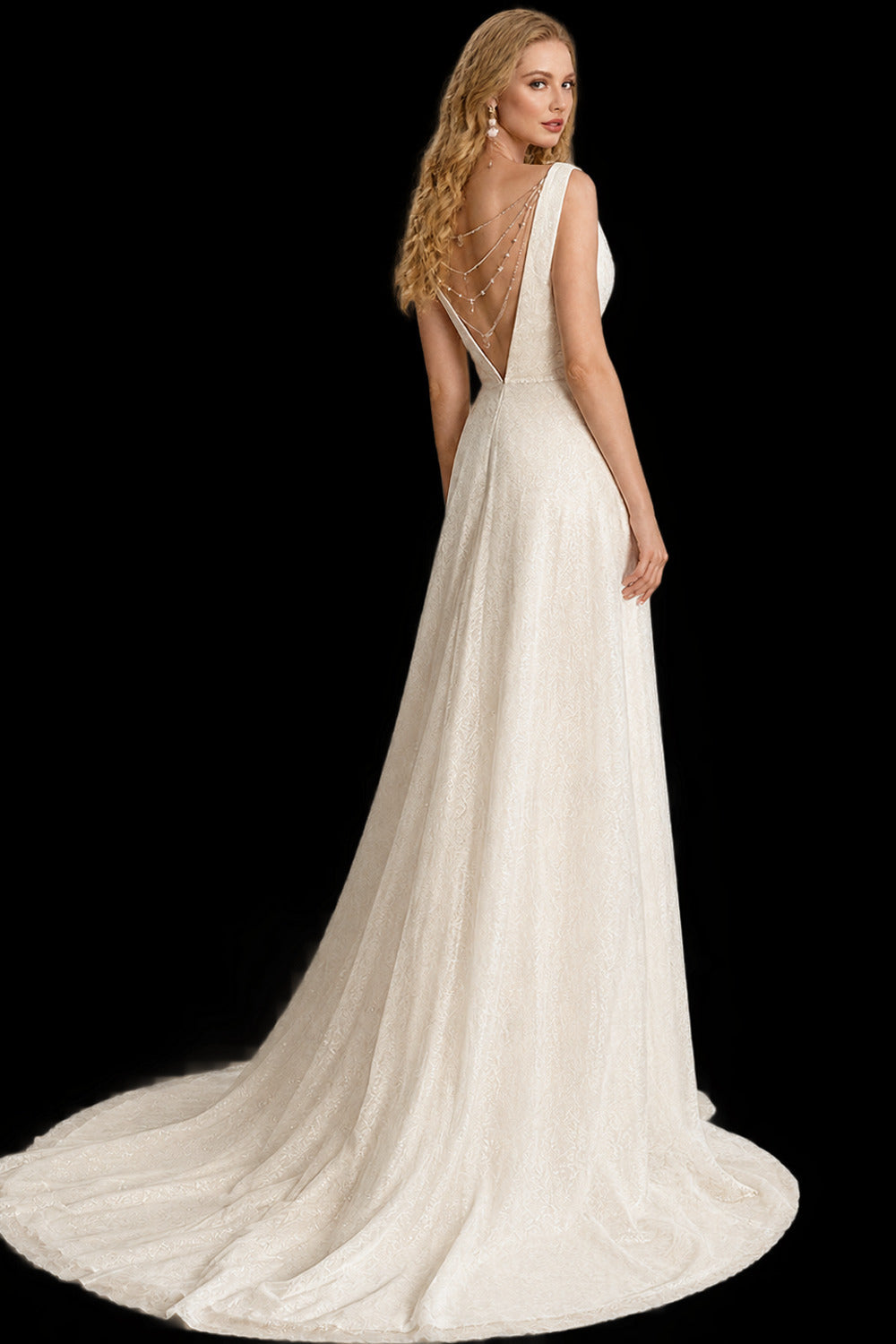 Rutipo Ivory A-Line V-Neck Sleeveless Sweep Train Tulle/Sequined Wedding Dresses