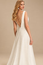 Rutipo Ivory A-Line V-Neck Sleeveless Sweep Train Tulle/Sequined Wedding Dresses