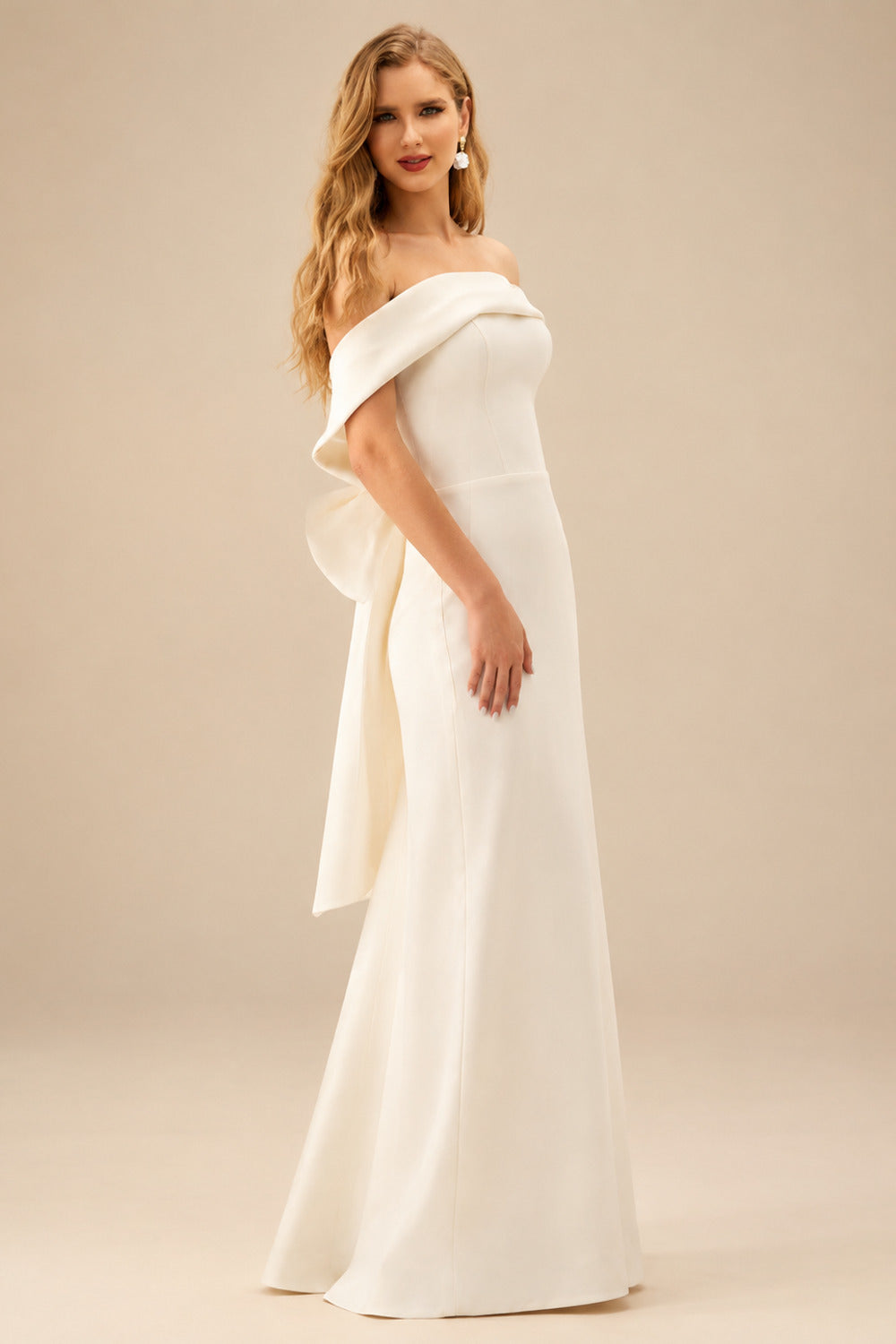 Rutipo Ivory Trumpet/Mermaid Off-The-Shoulder Satin Wedding Dresses With Bow(s)