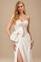 Rutipo Ivory Sheath/Column Sweetheart Elastic Satin/Sequined Wedding Dresses With Bow(s)