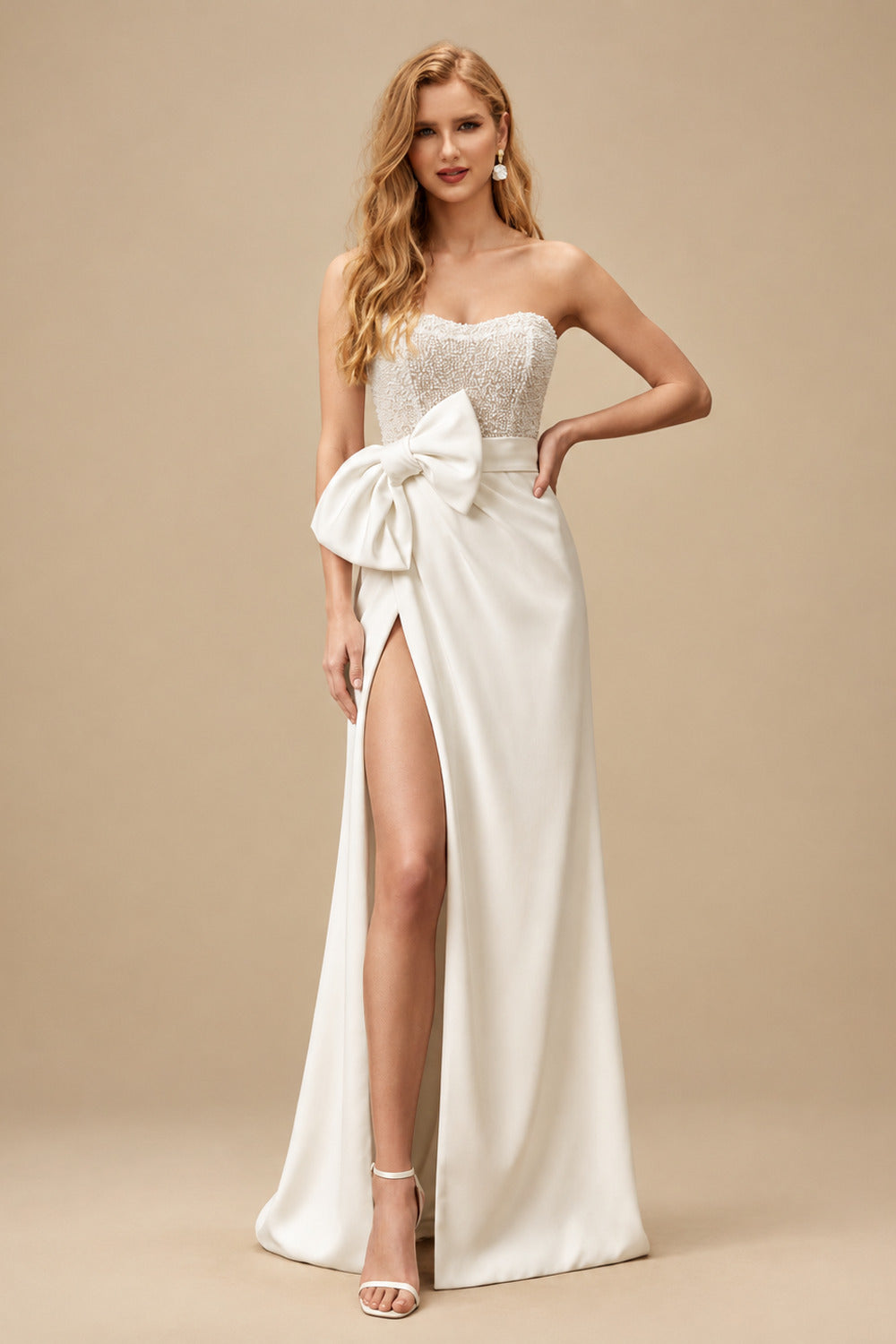 Rutipo Ivory Sheath/Column Sweetheart Elastic Satin/Sequined Wedding Dresses With Bow(s)