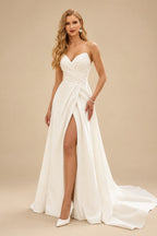 Rutipo Ivory A-Line Sweetheart Sleeveless Court Train Satin Plus Size Wedding Dresses With High Split