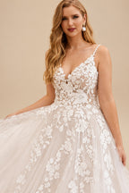 Rutipo As Picture A-Line V-Neck Sleeveless Tulle Plus Size Wedding Dresses With Appliques Lace/High Split